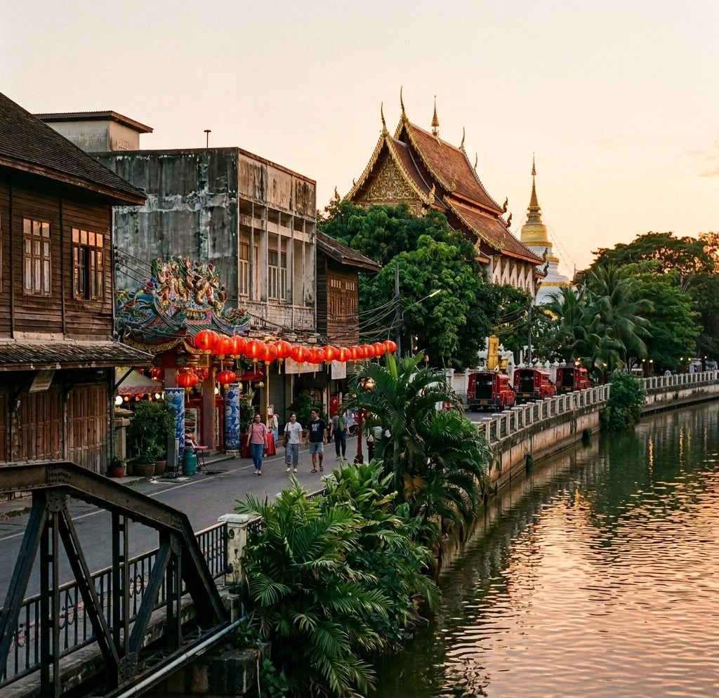Ping River bridge, Wat Gate temple and historic riverside buildings in Chiang Mai at golden hour